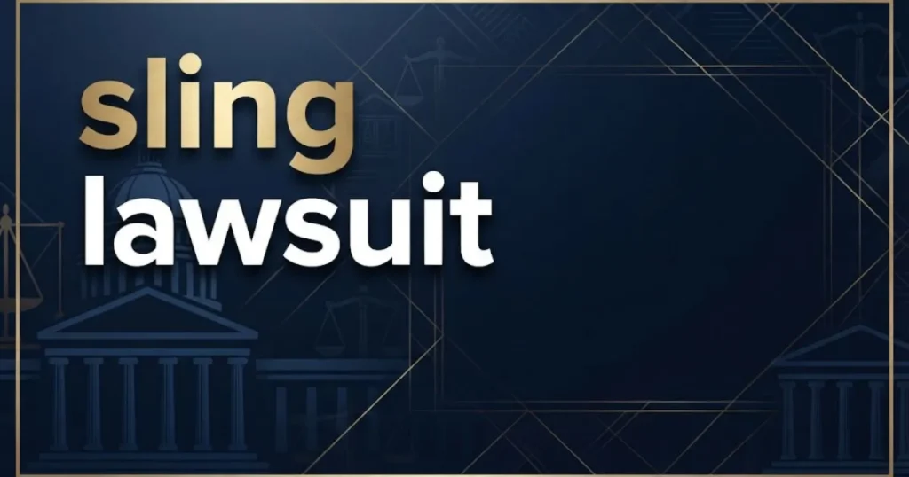 Professional legal banner displaying sling lawsuit headline with navy courthouse background and gold accents