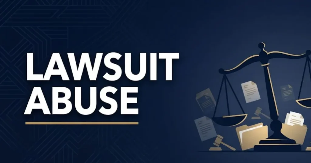 Professional legal banner with bold headline text reading Lawsuit Abuse and tilted justice scales