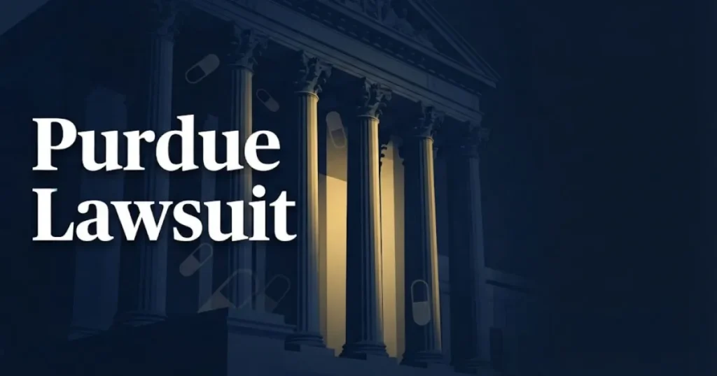 Purdue lawsuit hero banner with courthouse imagery and bold white title text on navy background