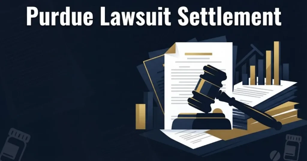 Purdue lawsuit settlement graphic with legal documents and compensation tier visuals on navy background