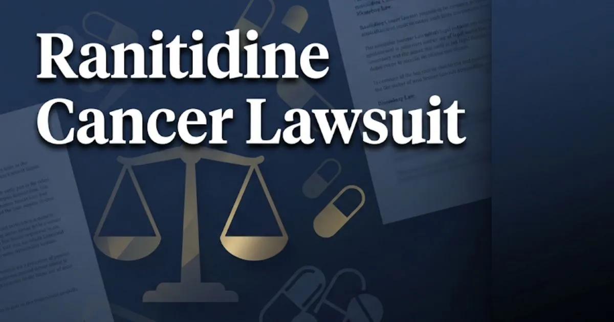 Ranitidine cancer lawsuit 2026 hero banner with legal scales and pill icons