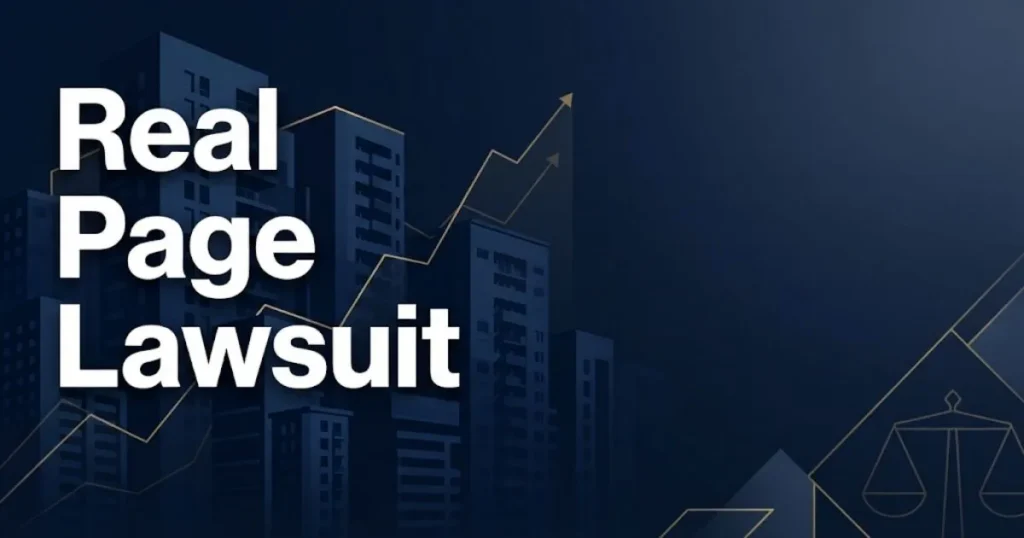 Real page lawsuit banner with apartment skyline silhouette and rent graph overlay in navy and gold