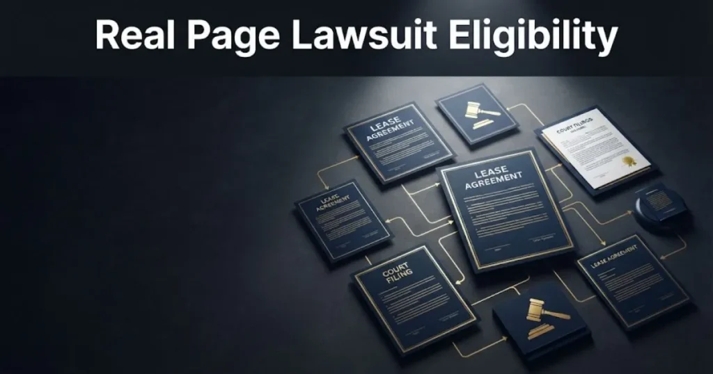 Real page lawsuit eligibility graphic with legal documents and gavel icon in navy and gold tones
