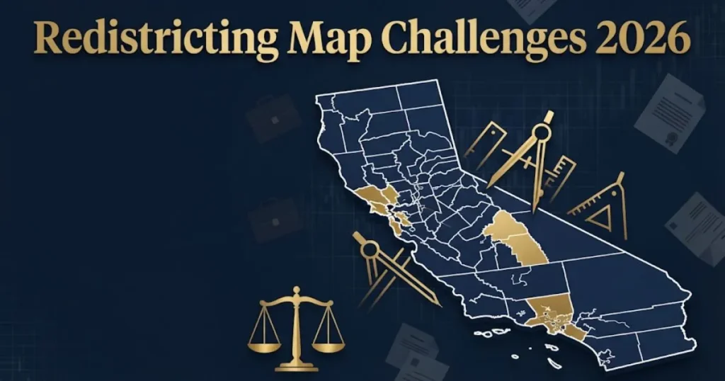 Redistricting map challenges 2026 graphic showing California district boundaries being redrawn