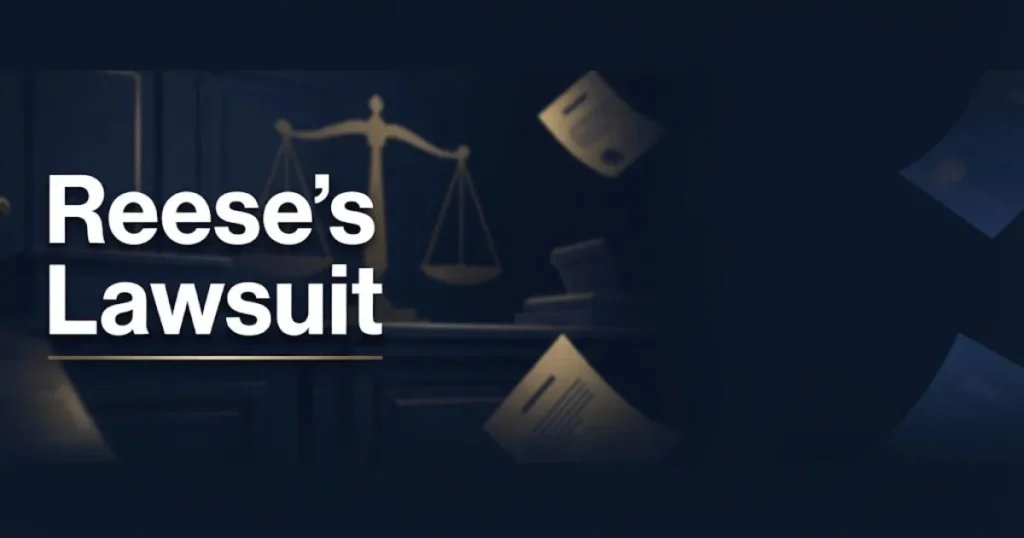 Reese's lawsuit hero banner with golden scales of justice on dark navy background, editorial legal design