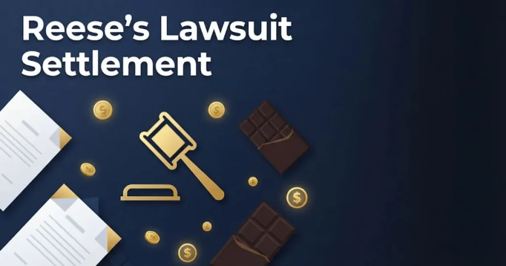 Reese's lawsuit settlement graphic with legal documents and gold gavel icon on navy background