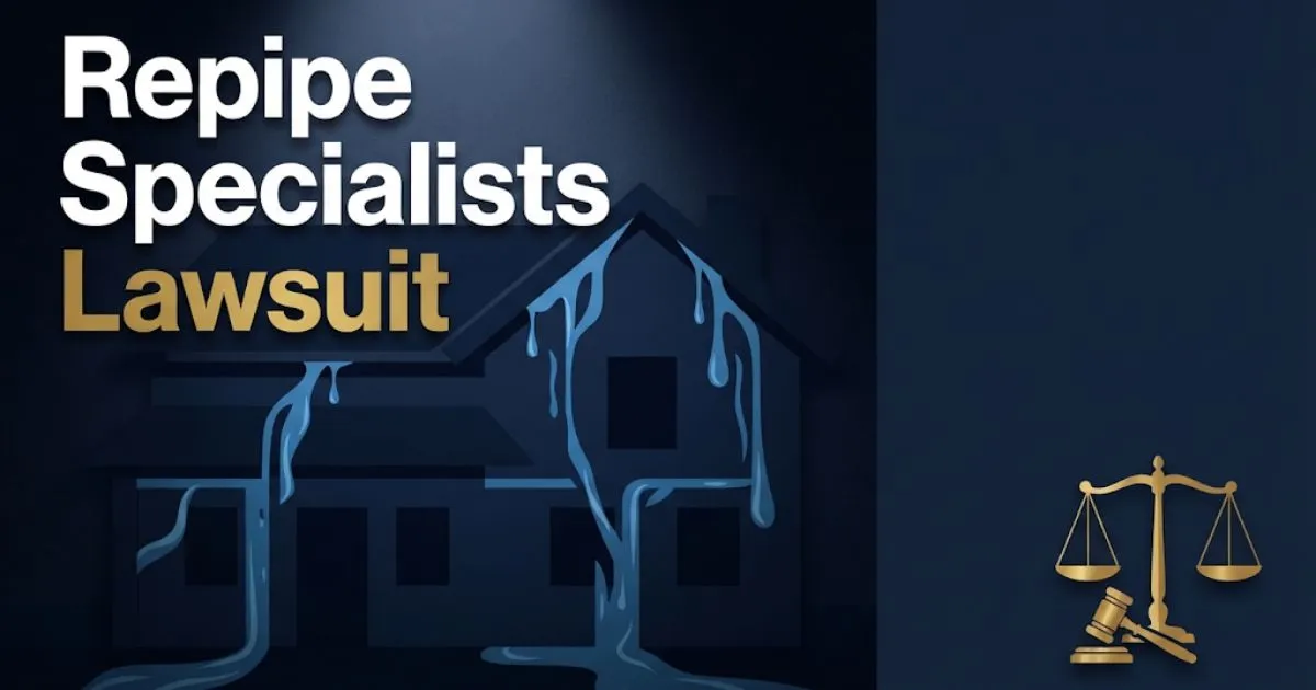 Repipe Specialists Lawsuit hero banner showing a home silhouette with water damage symbols and legal icons in navy and gold