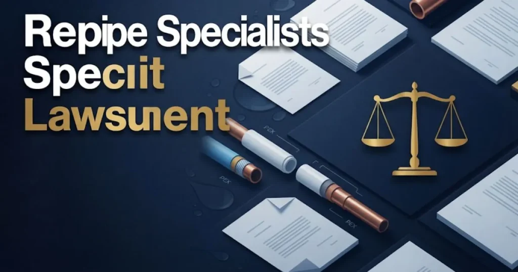 Repipe Specialists Lawsuit settlement graphic showing legal documents and pipe cross-sections in navy blue and gold editorial style