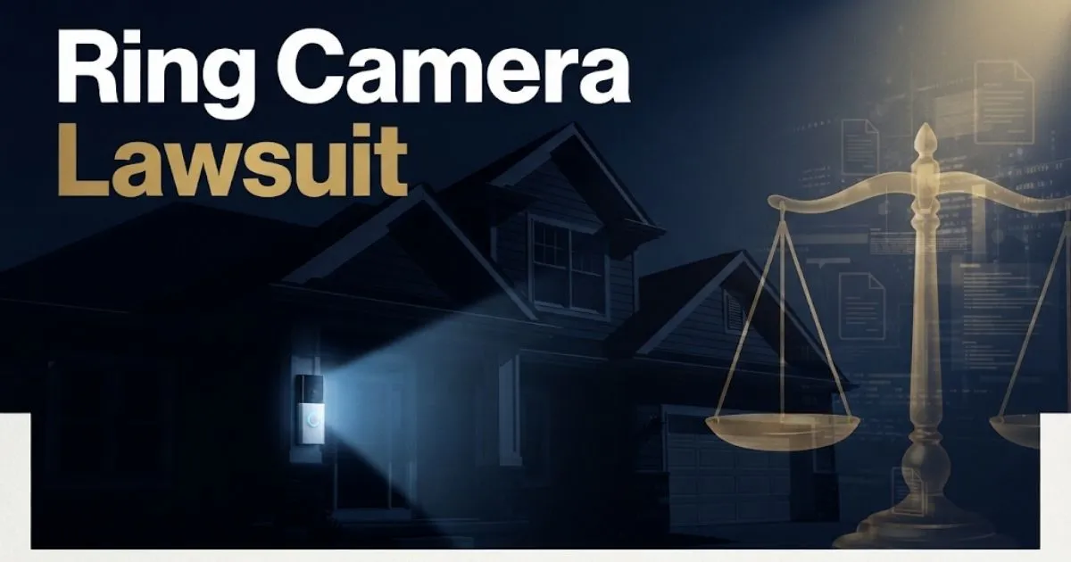 Ring camera lawsuit hero banner showing smart doorbell on dark home exterior with legal scales overlay