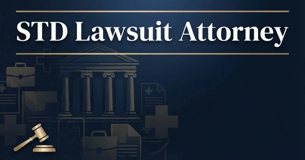 STD lawsuit attorney guide banner with courthouse and legal symbols