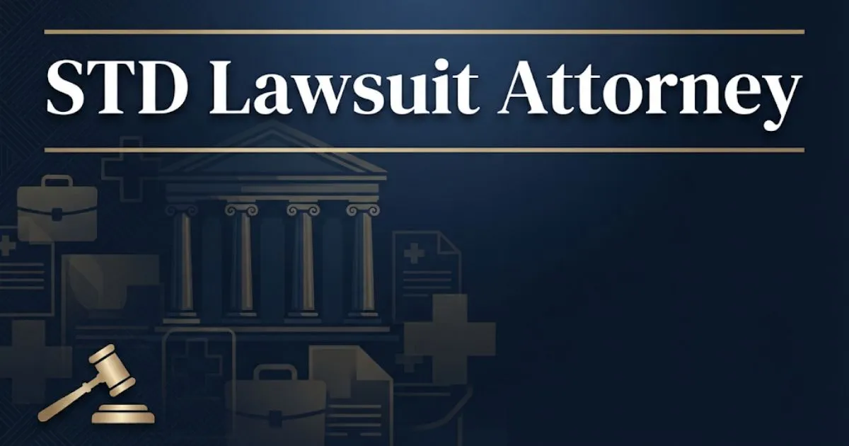 STD lawsuit attorney guide banner with courthouse and legal symbols