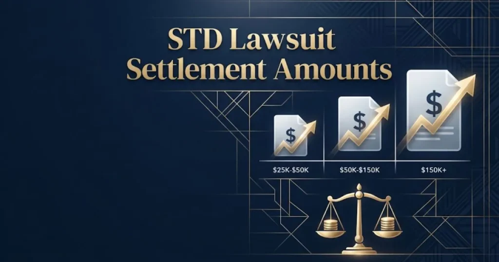 STD lawsuit settlement amounts infographic with legal scales and dollar symbols