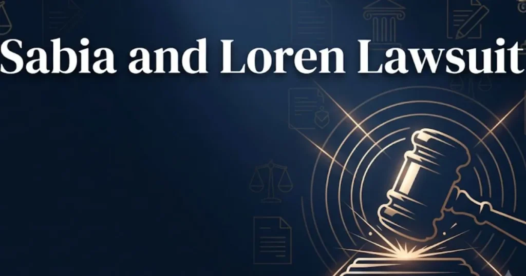Sabia and Loren lawsuit hero banner with legal gavel and courthouse design in navy and gold