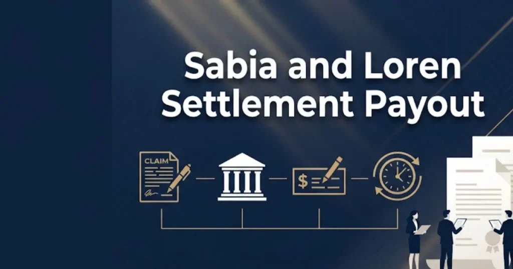 Sabia and Loren settlement payout infographic showing claim process steps in navy and gold