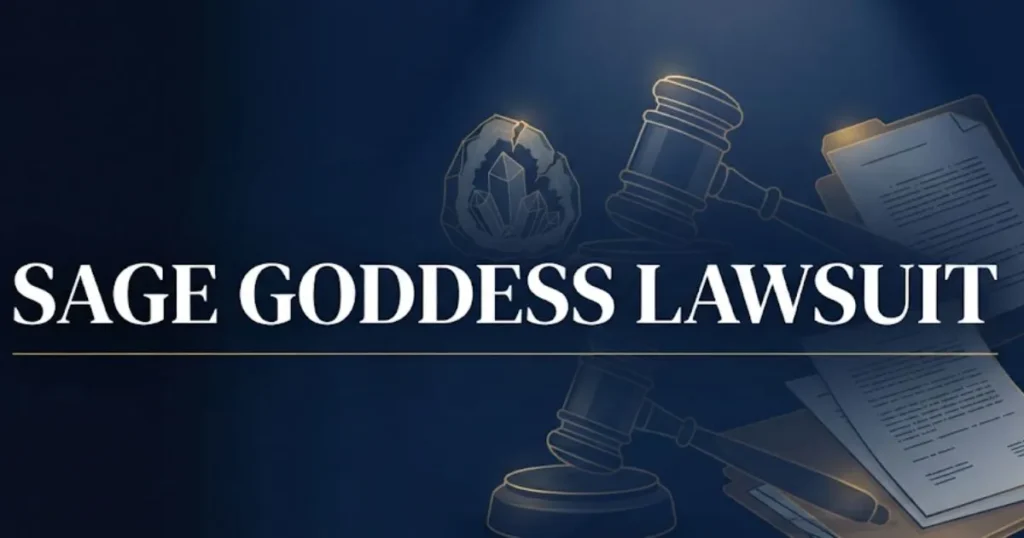 Sage goddess lawsuit 2026 hero banner with gavel and crystal legal imagery