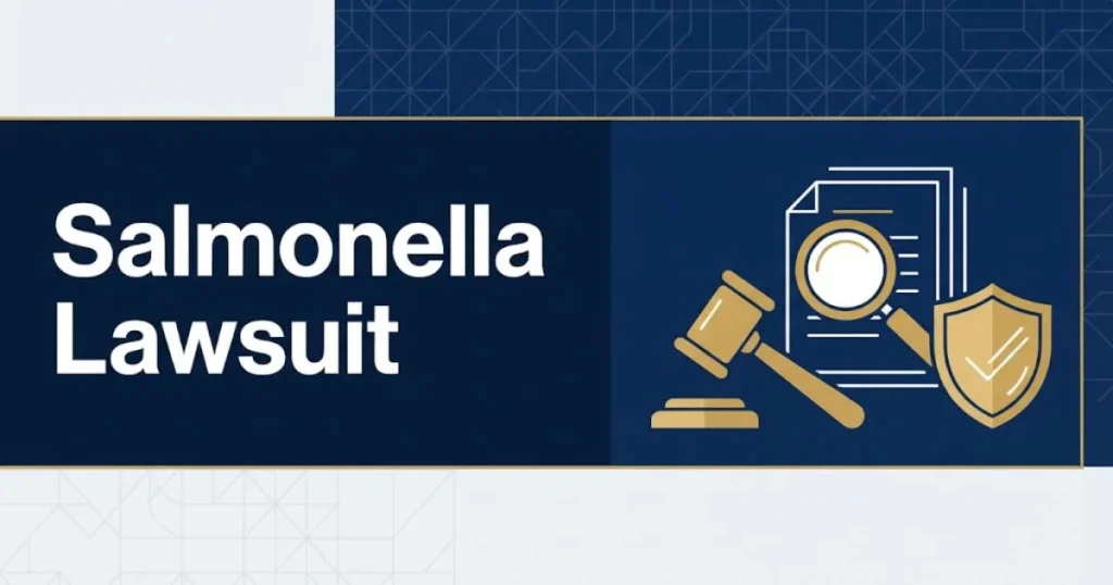 Salmonella lawsuit hero banner with legal icons and navy blue background for 2026 food safety claims