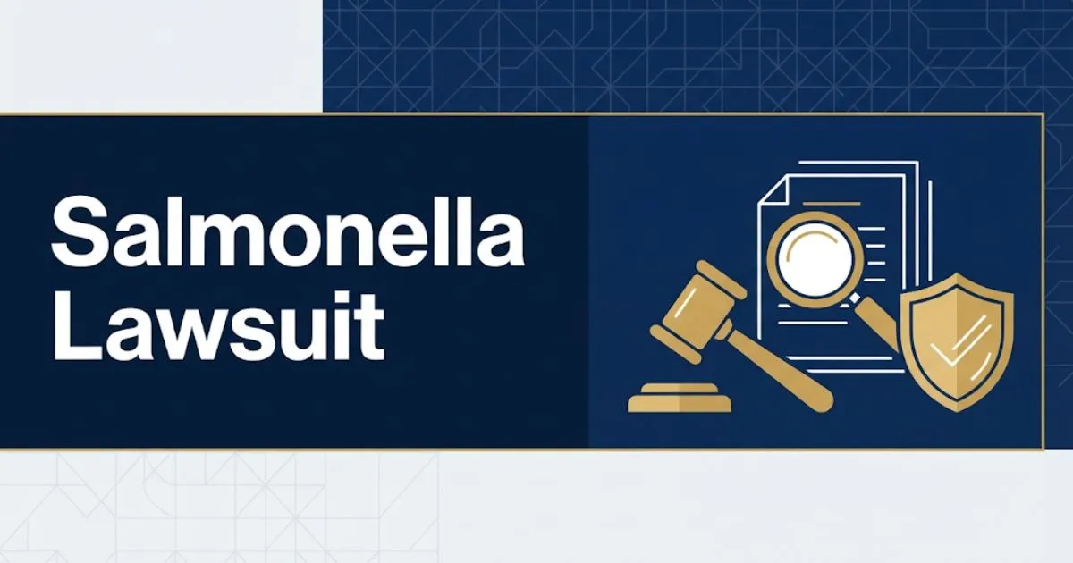 Salmonella lawsuit hero banner with legal icons and navy blue background for 2026 food safety claims