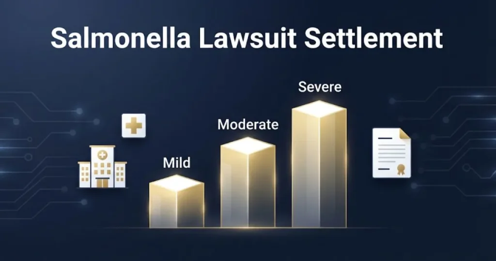 Salmonella lawsuit settlement infographic showing compensation tiers with legal and medical icons