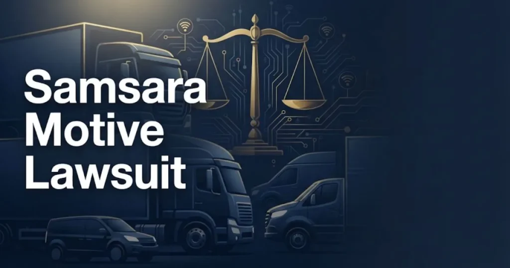 Samsara Motive Lawsuit hero banner with fleet vehicles and legal scales in navy and gold