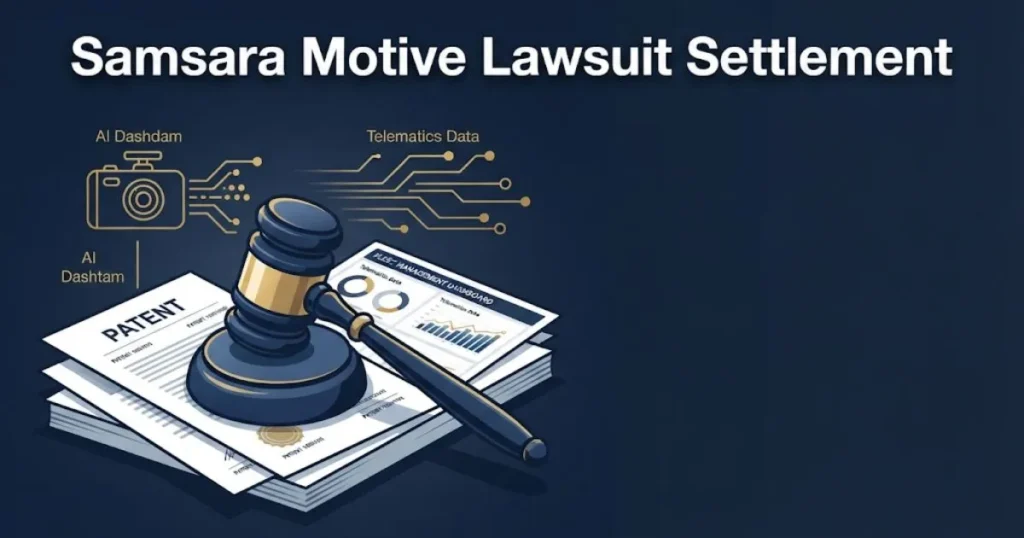 Samsara Motive Lawsuit settlement graphic with gavel, patents, and fleet dashcam icons