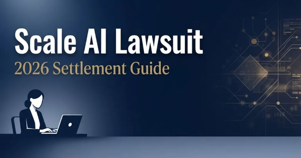 Scale AI lawsuit 2026 hero banner with data node graphics and settlement guide text on navy background