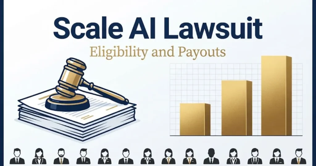 Scale AI lawsuit eligibility and payouts graphic with gavel illustration and settlement tier chart