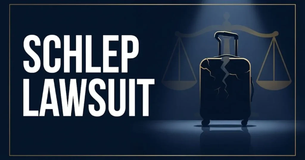 Schlep lawsuit hero banner with broken suitcase silhouette and gold scales of justice on navy background