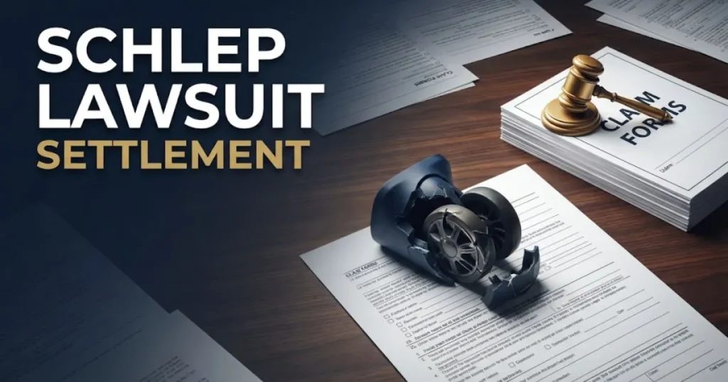 Schlep lawsuit settlement graphic with legal documents and damaged luggage parts on dark desk