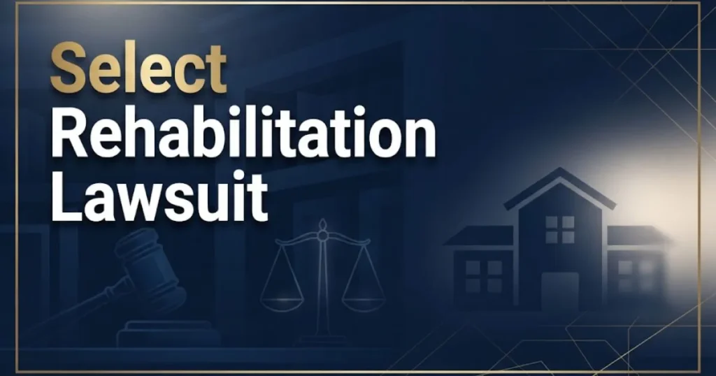 Select Rehabilitation Lawsuit hero banner with legal scales and nursing home silhouette in navy and gold