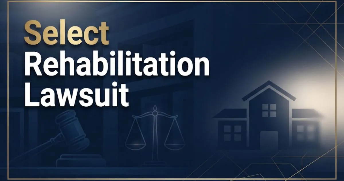 Select Rehabilitation Lawsuit hero banner with legal scales and nursing home silhouette in navy and gold