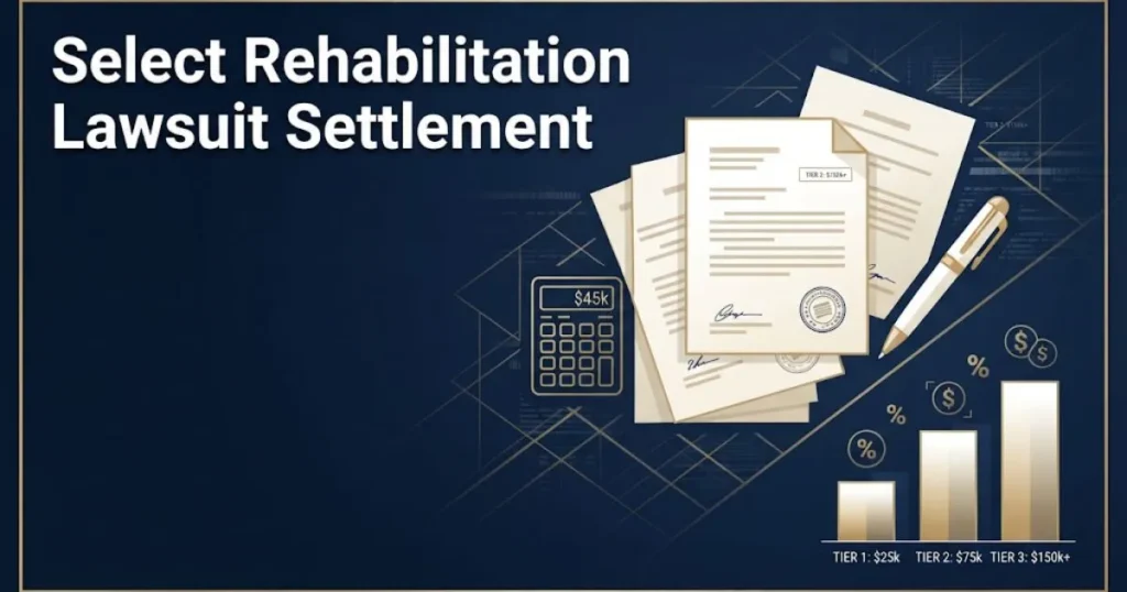 Select Rehabilitation Lawsuit settlement graphic showing legal documents and payout tiers in navy and gold