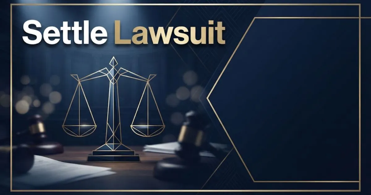 Settle lawsuit guide banner with gold legal scales on navy background for 2026 claimants