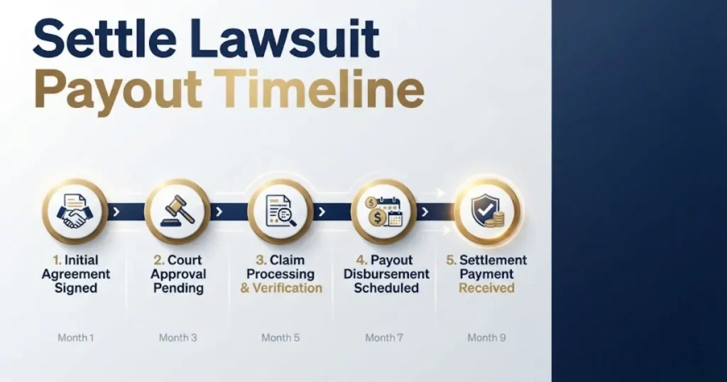Settle lawsuit payout timeline graphic showing settlement phases in navy and gold design