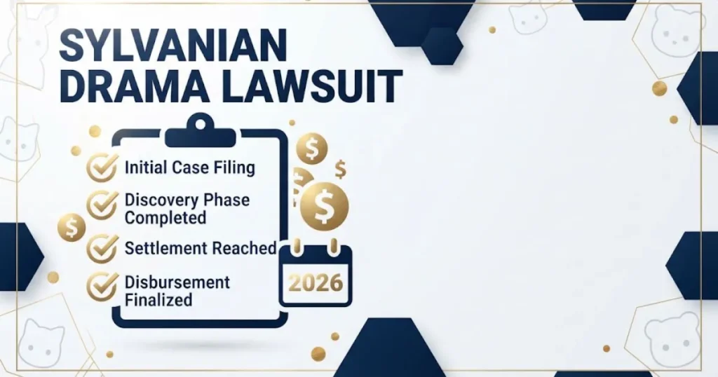Settlement eligibility graphic for sylvanian drama lawsuit with checklist icons, dollar symbols, and 2026 calendar on navy background