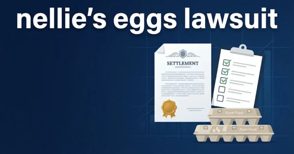Settlement themed graphic for nellie's eggs lawsuit showing document icons and egg cartons in navy and gold