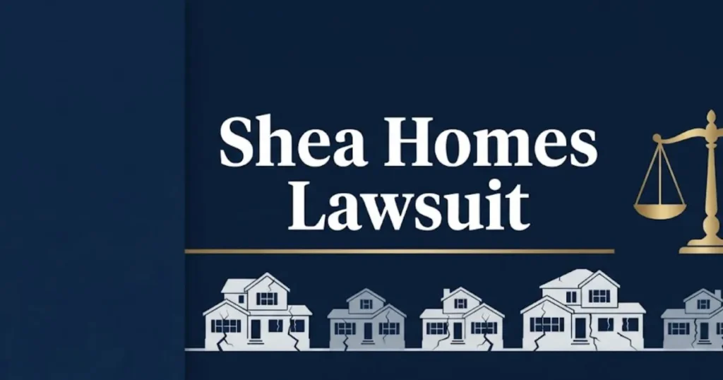 Shea Homes lawsuit 2026 hero banner with cracked home silhouettes and legal scales