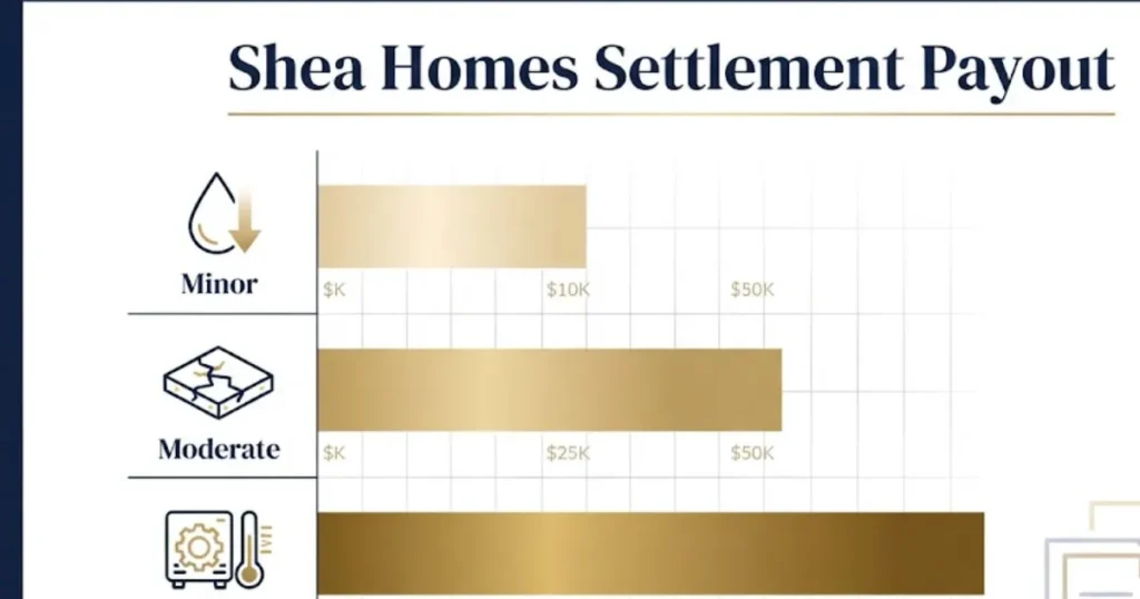 _Shea Homes settlement payout chart showing defect types and estimated dollar ranges