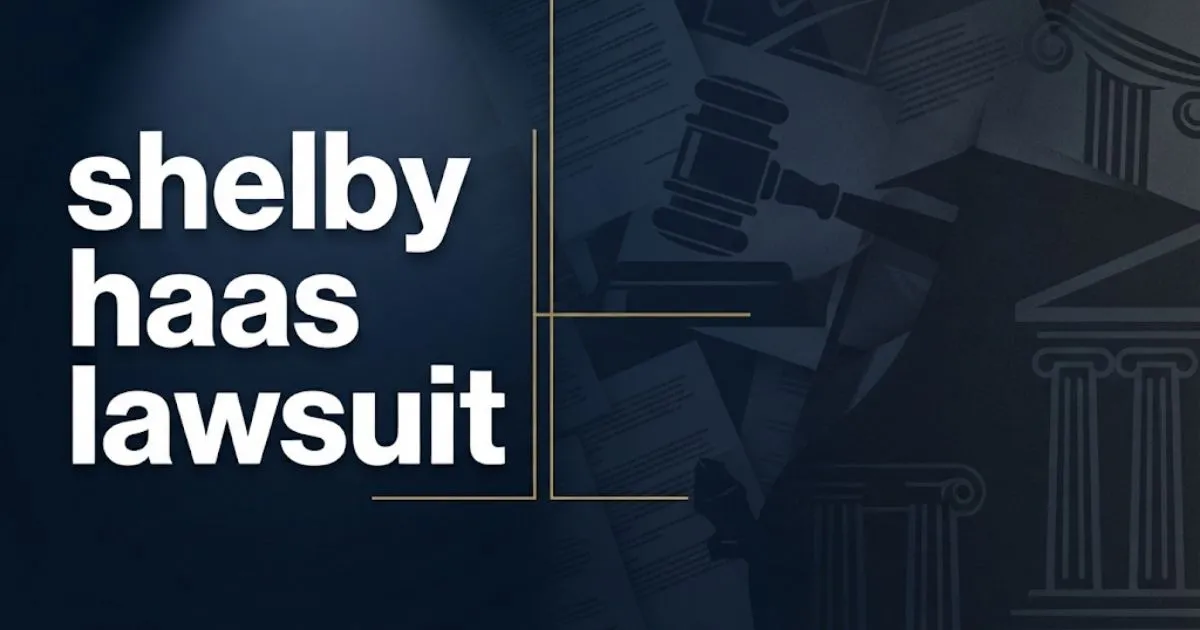 Shelby Haas lawsuit hero banner with legal documents and gavel silhouette in navy and gold
