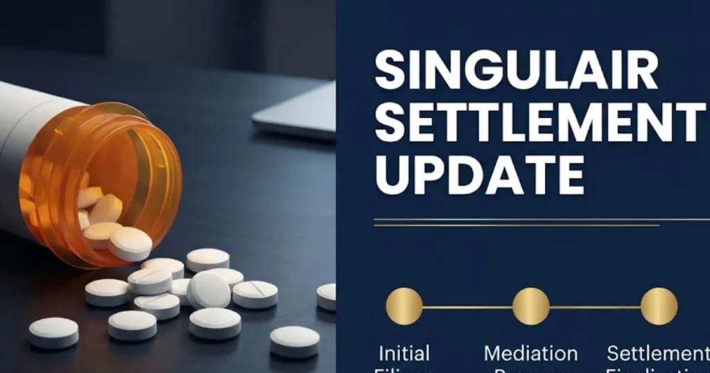 Singulair settlement update graphic with pill bottle and litigation timeline design