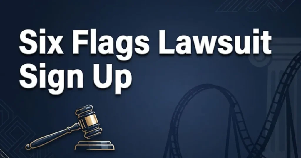 Six flags lawsuit sign up 2026 hero banner with gavel and roller coaster silhouette