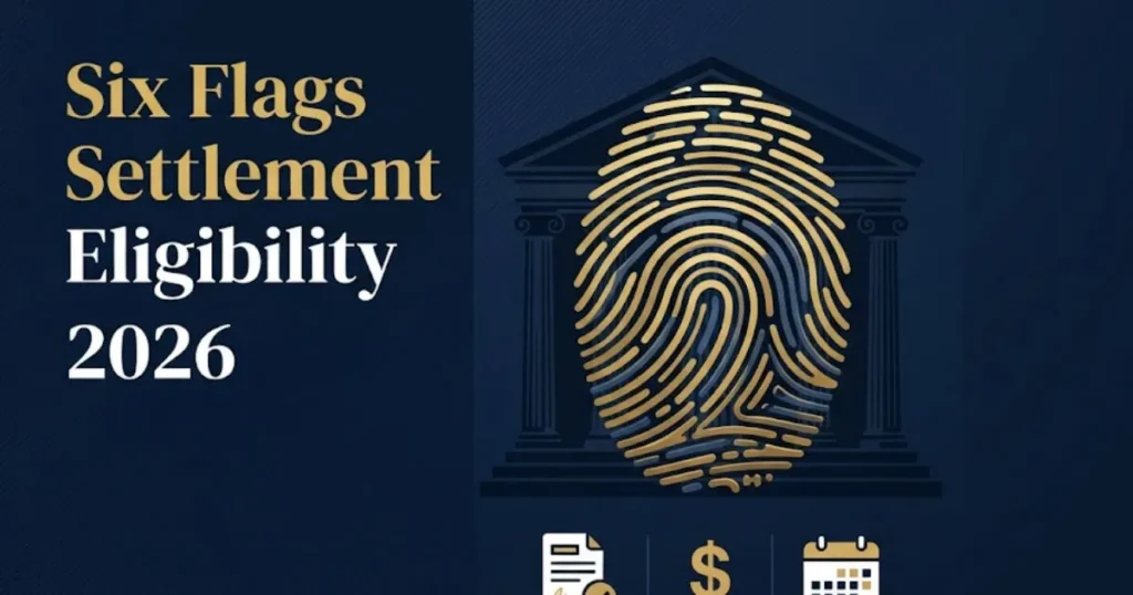 Six flags lawsuit sign up eligibility graphic with fingerprint and settlement icons for 2026