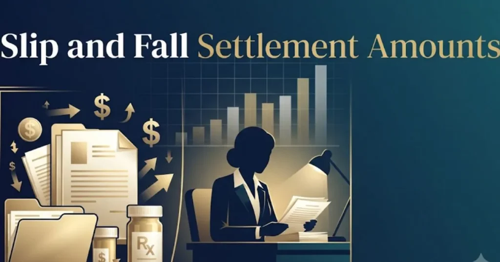 Slip and fall settlement amounts breakdown graphic with legal document silhouettes