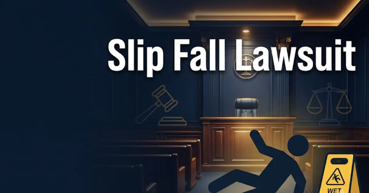 Slip fall lawsuit 2026 hero banner with courtroom background and caution sign silhouette