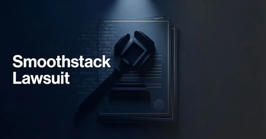 Smoothstack lawsuit hero banner with gavel silhouette and legal documents in navy and gold tones