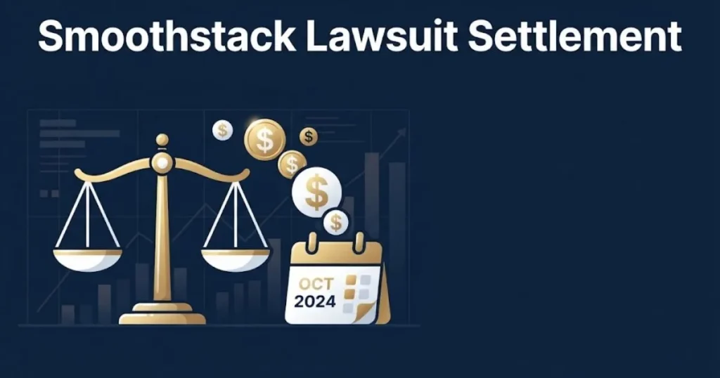 Smoothstack lawsuit settlement graphic with balance scale and financial icons in navy and gold