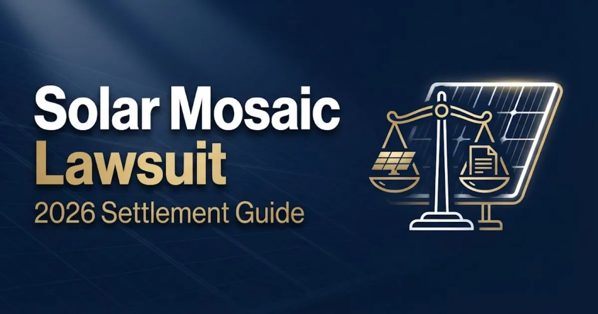 Solar mosaic lawsuit 2026 hero banner with legal scales and solar panel graphics on navy background