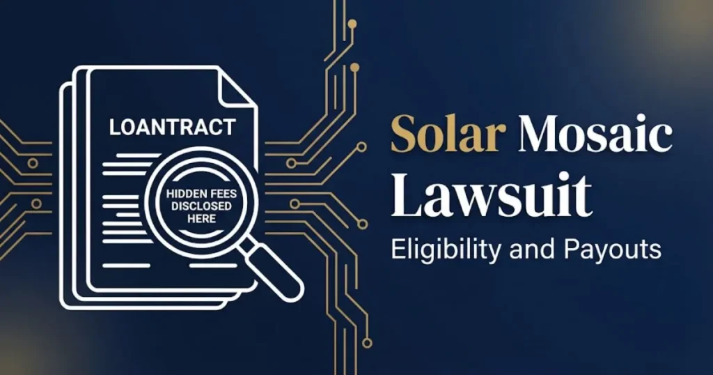 Solar mosaic lawsuit eligibility and payouts infographic with loan documents and solar icons on navy background