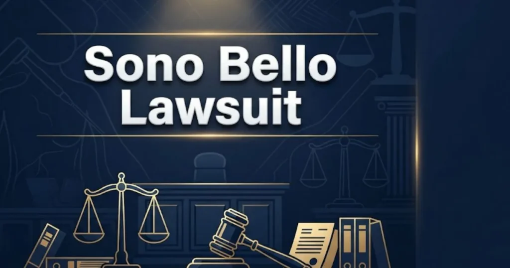 Sono Bello lawsuit 2026 hero banner with legal scales and gavel on navy background