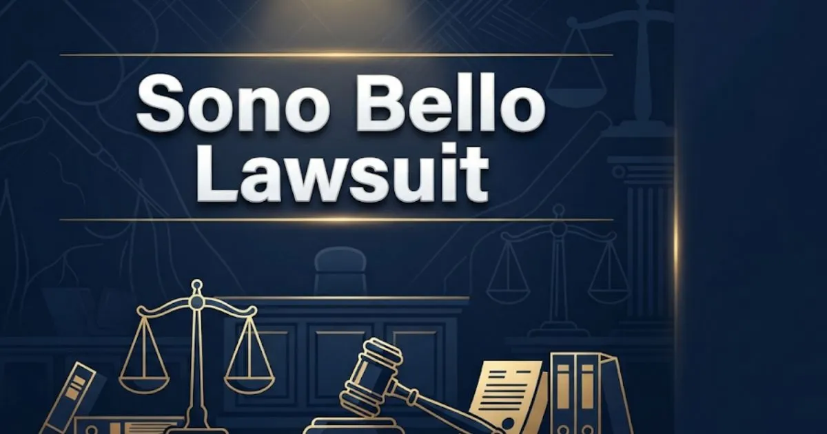 Sono Bello lawsuit 2026 hero banner with legal scales and gavel on navy background