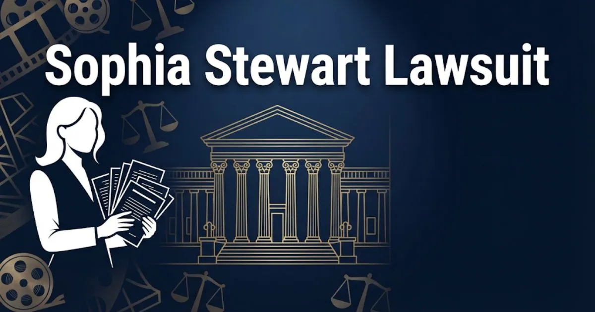 Sophia Stewart lawsuit hero banner with courthouse illustration and legal symbols on navy background